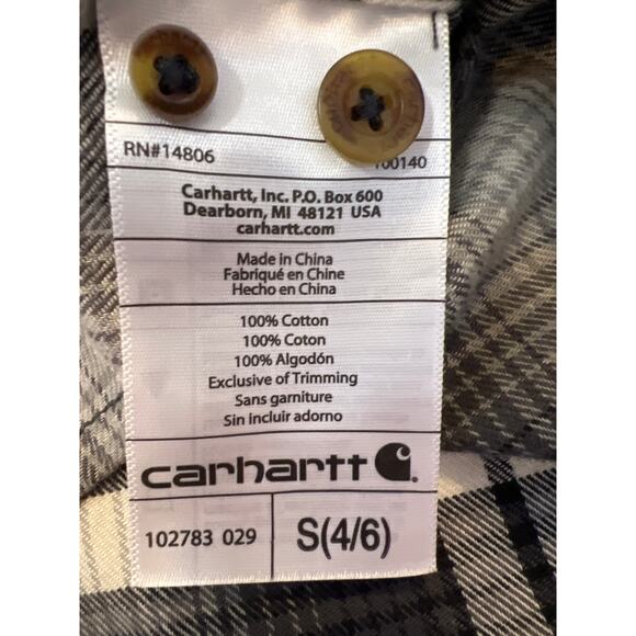 Carhartt women’s hooded flannel button up shirt, gray, and white size small 4/6 - Picture 9 of 13